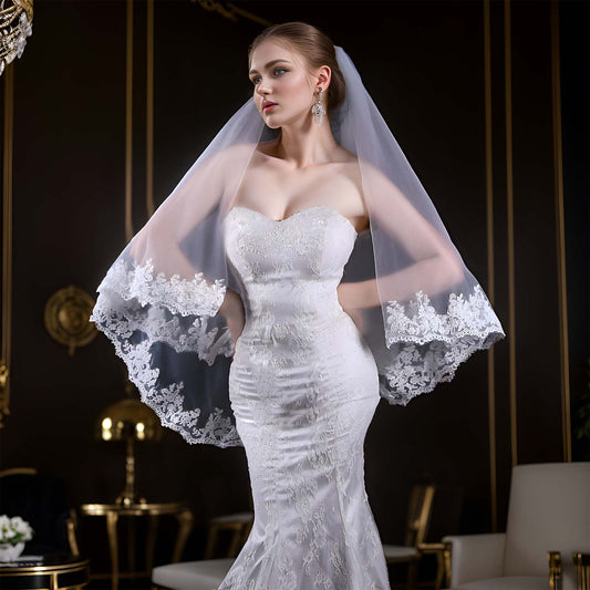 BRIDELLA BV79 Bridal Wedding Short Elbow Length Lace Veil Partially Trimmed Double Layer Soft Tulle Veil