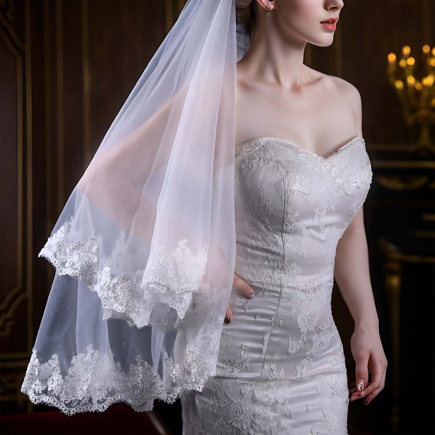 BRIDELLA BV79 Bridal Wedding Short Elbow Length Lace Veil Partially Trimmed Double Layer Soft Tulle Veil