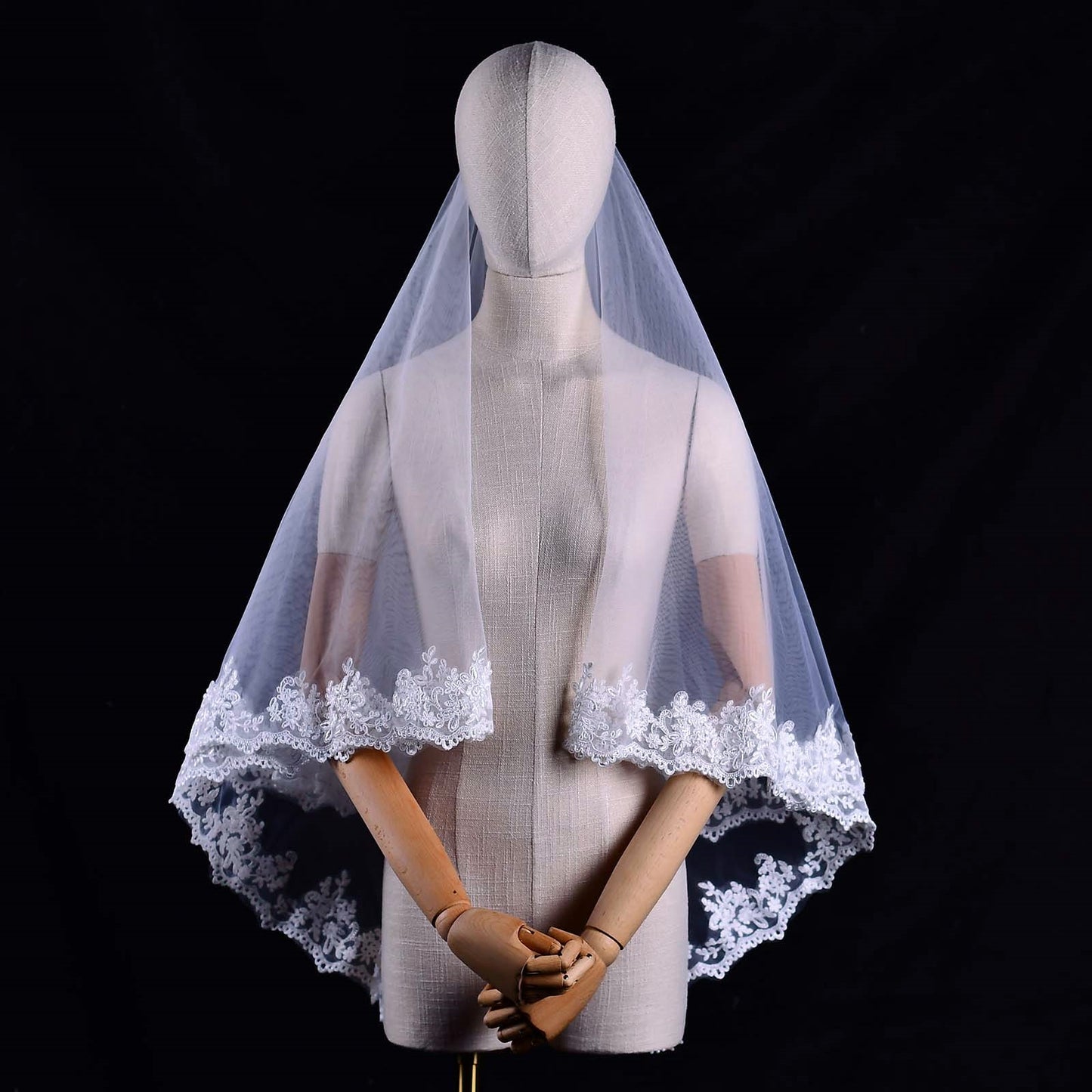 BRIDELLA BV79 Bridal Wedding Short Elbow Length Lace Veil Partially Trimmed Double Layer Soft Tulle Veil