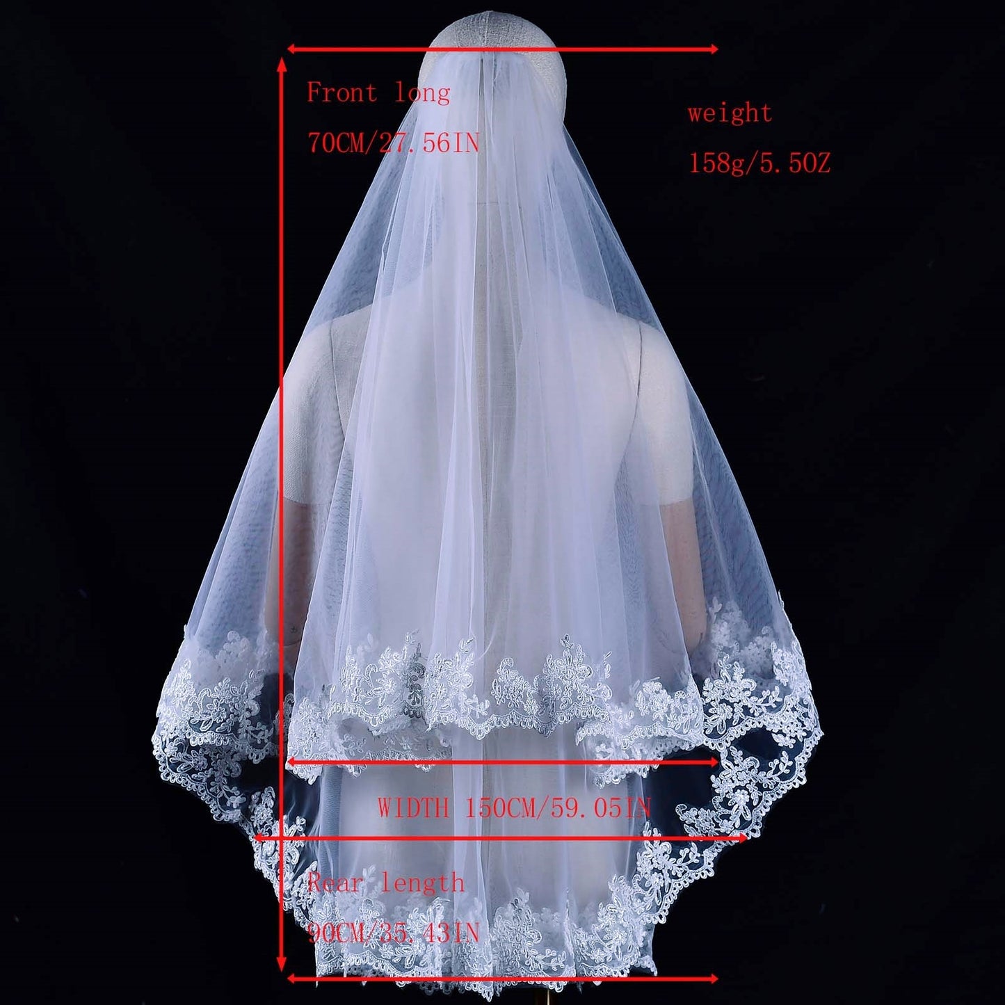 BRIDELLA BV79 Bridal Wedding Short Elbow Length Lace Veil Partially Trimmed Double Layer Soft Tulle Veil