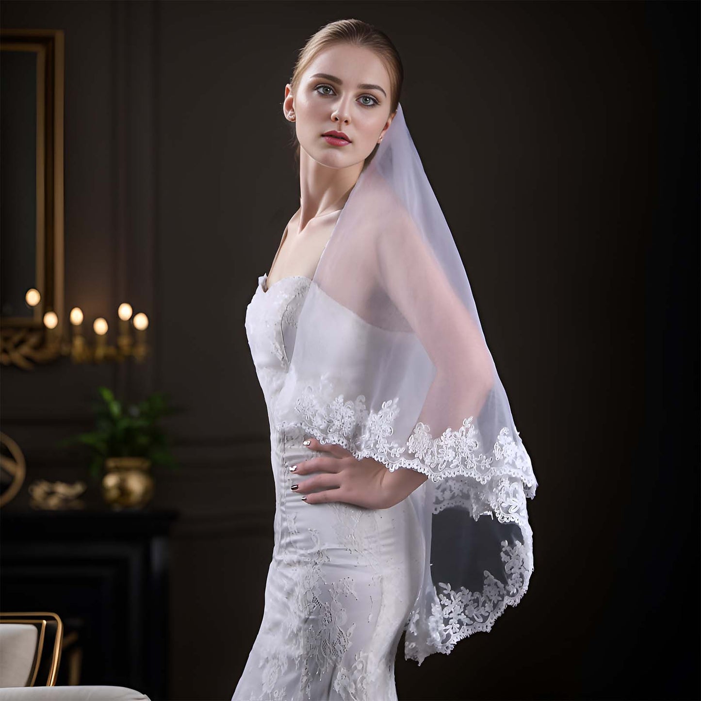 BRIDELLA BV79 Bridal Wedding Short Elbow Length Lace Veil Partially Trimmed Double Layer Soft Tulle Veil