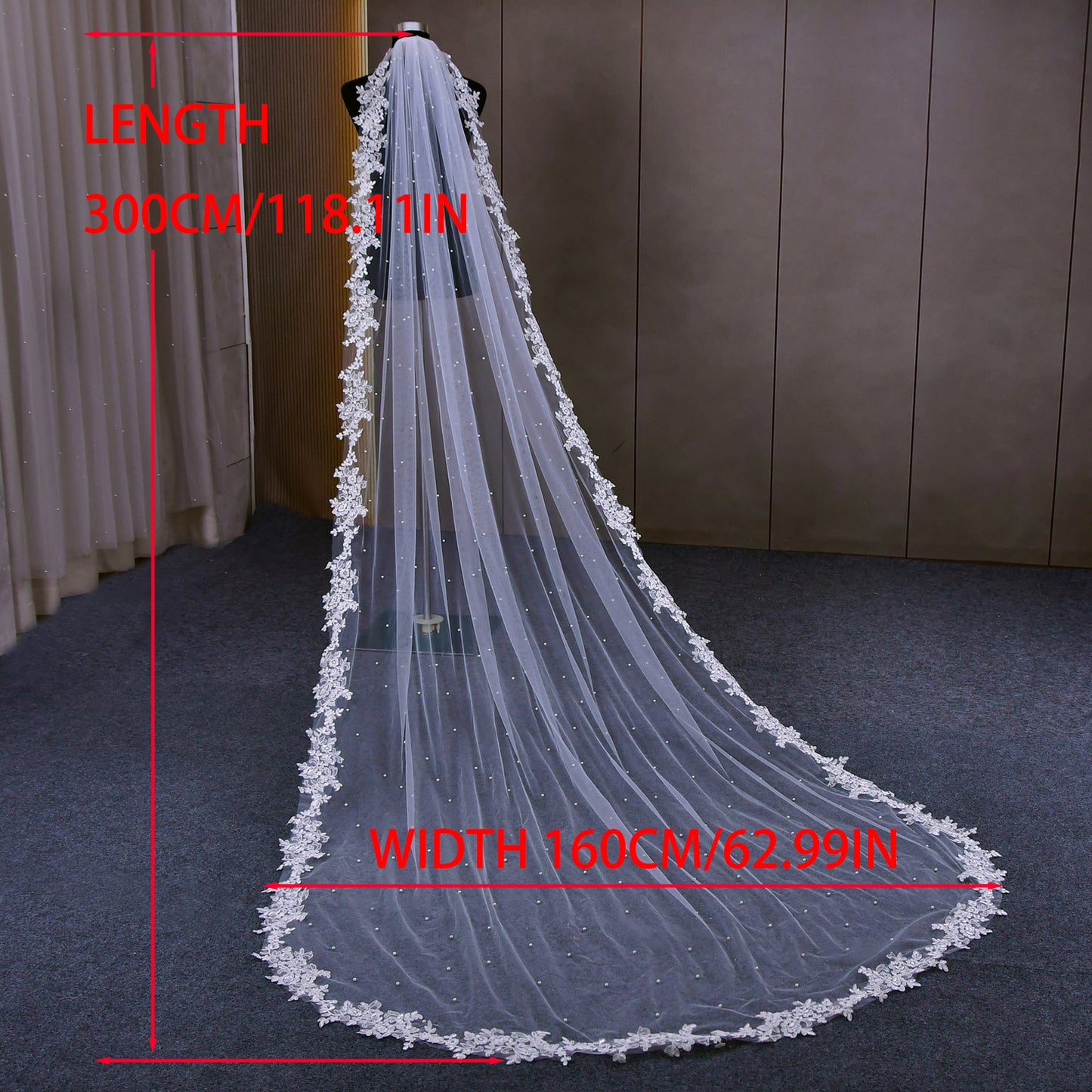 BRIDELLA BV82 Fashion Bridal Wedding Lace Veil Single Layer Cathedral Train Elegant Combed Pearl Tulle