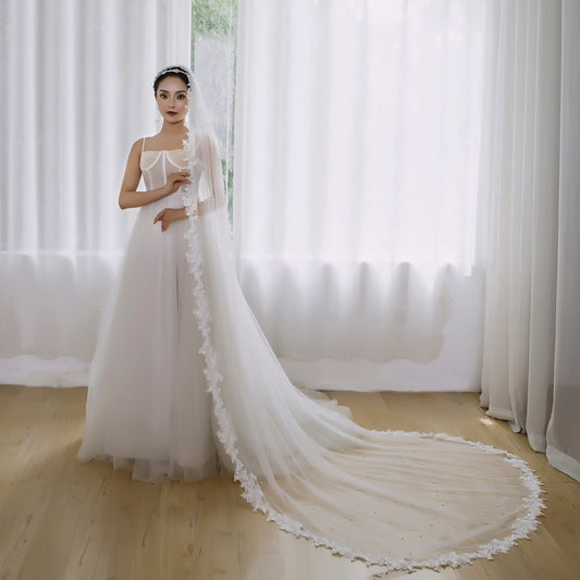 BRIDELLA BV82 Fashion Bridal Wedding Lace Veil Single Layer Cathedral Train Elegant Combed Pearl Tulle
