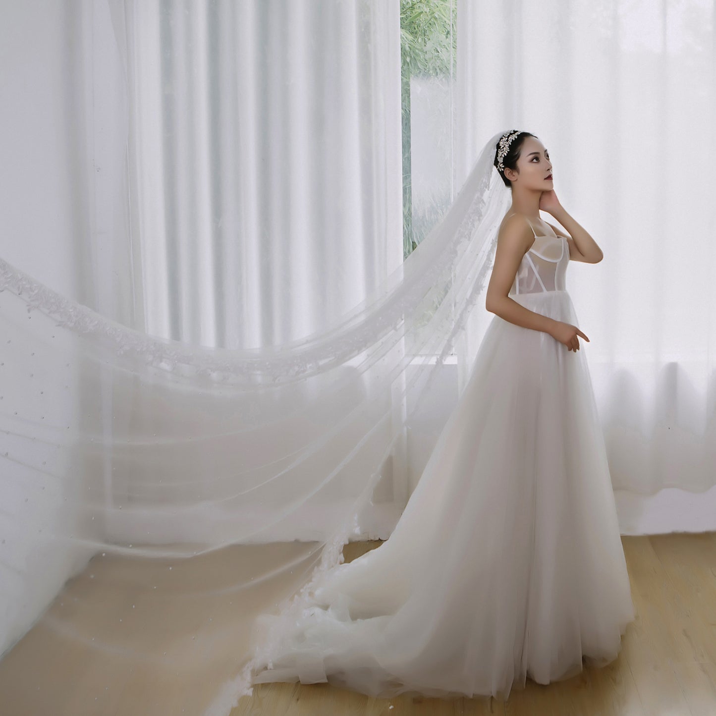 BRIDELLA BV82 Fashion Bridal Wedding Lace Veil Single Layer Cathedral Train Elegant Combed Pearl Tulle