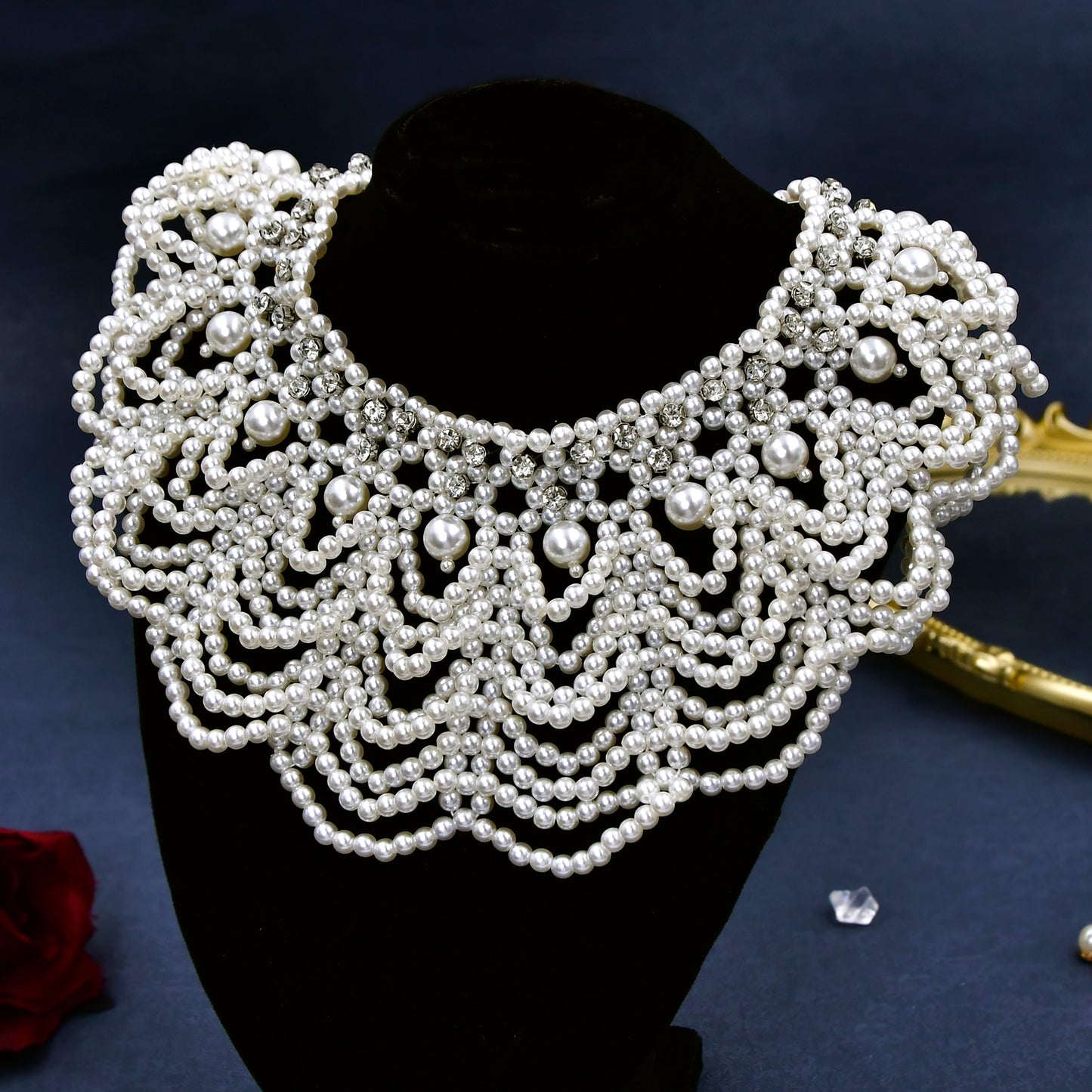BRIDELLA BVG05 White Pearl Fashion Women's Necklace Handmade Beaded Short Body Chain Bridal Jewelry