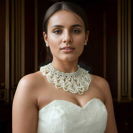 BRIDELLA BVG05 White Pearl Fashion Women's Necklace Handmade Beaded Short Body Chain Bridal Jewelry