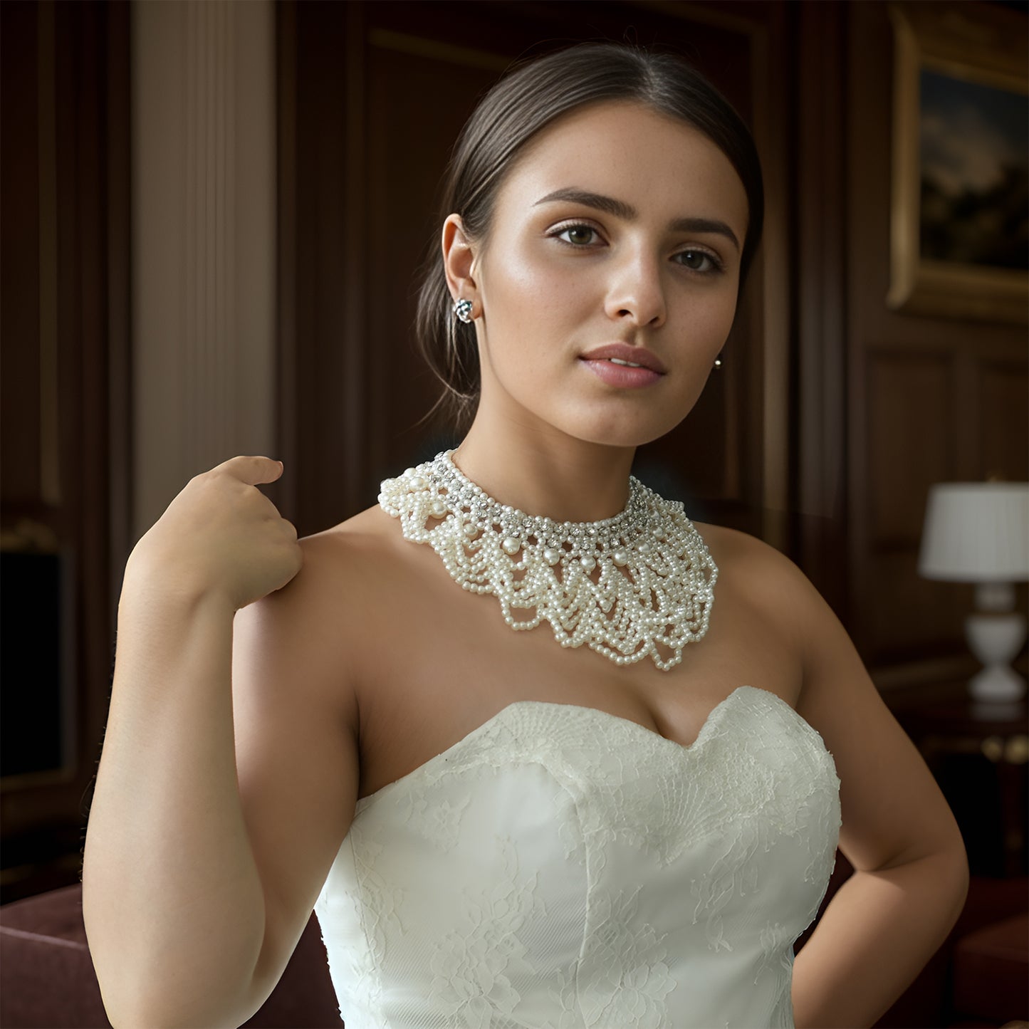 BRIDELLA BVG05 White Pearl Fashion Women's Necklace Handmade Beaded Short Body Chain Bridal Jewelry