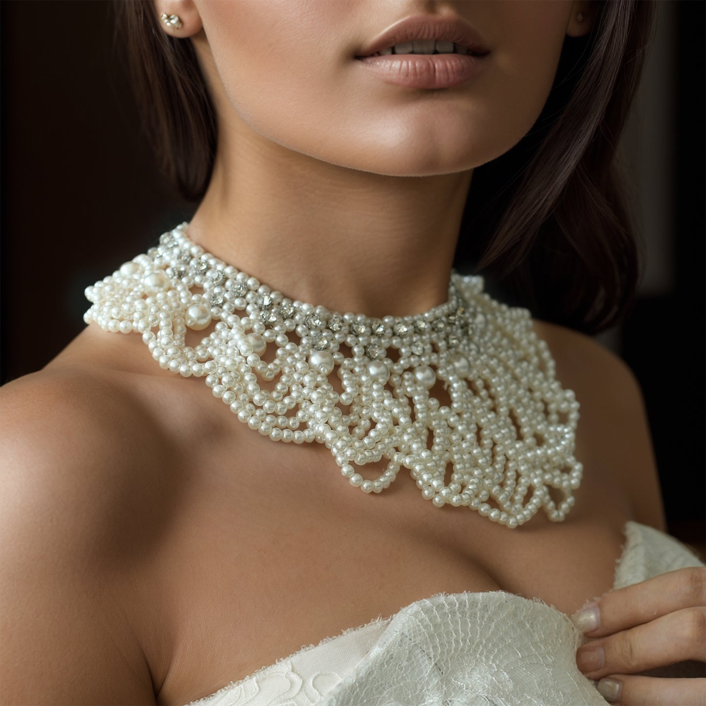 BRIDELLA BVG05 White Pearl Fashion Women's Necklace Handmade Beaded Short Body Chain Bridal Jewelry