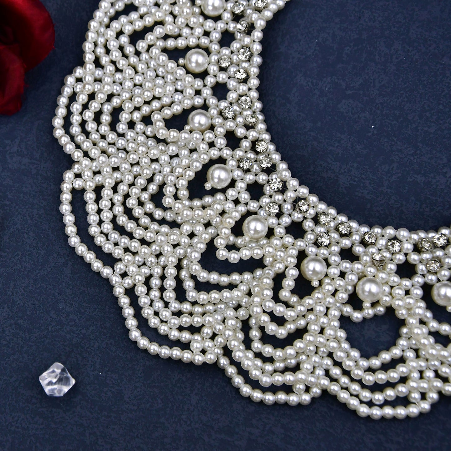BRIDELLA BVG05 White Pearl Fashion Women's Necklace Handmade Beaded Short Body Chain Bridal Jewelry