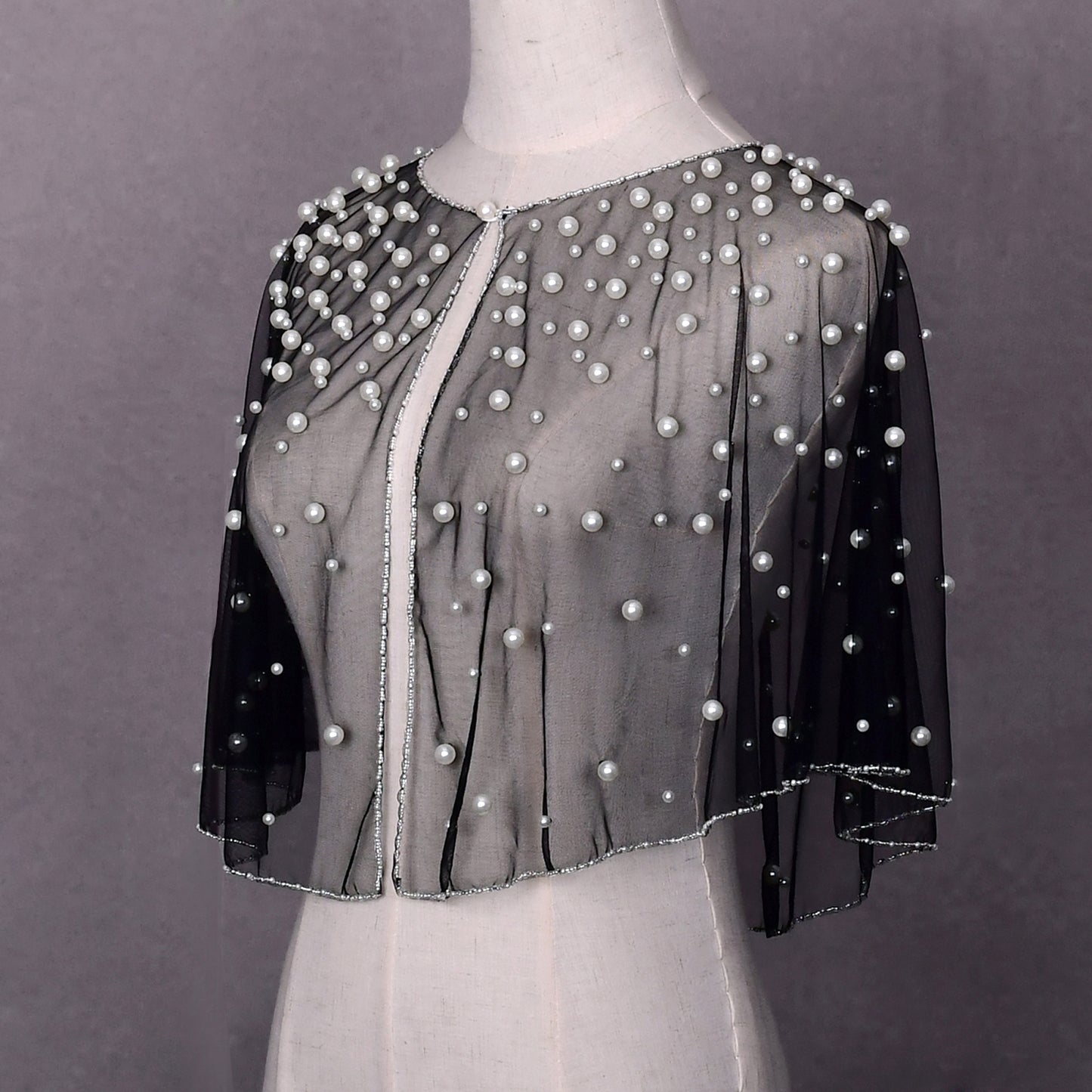 BRIDELLA BVG31 Pearl Beaded Bridal Cropped Party Jacket Elegant Sheer Cover up Modern Bridal Party Cropped Pearl Top