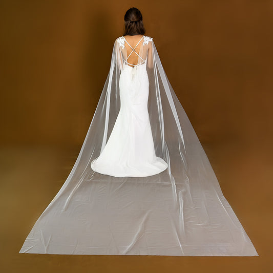 BRIDELLA BM25 Long Wedding Shawl With Lace Removable Bride Tulle Sleeves Cathedral Veil Cape Bride Dresses
