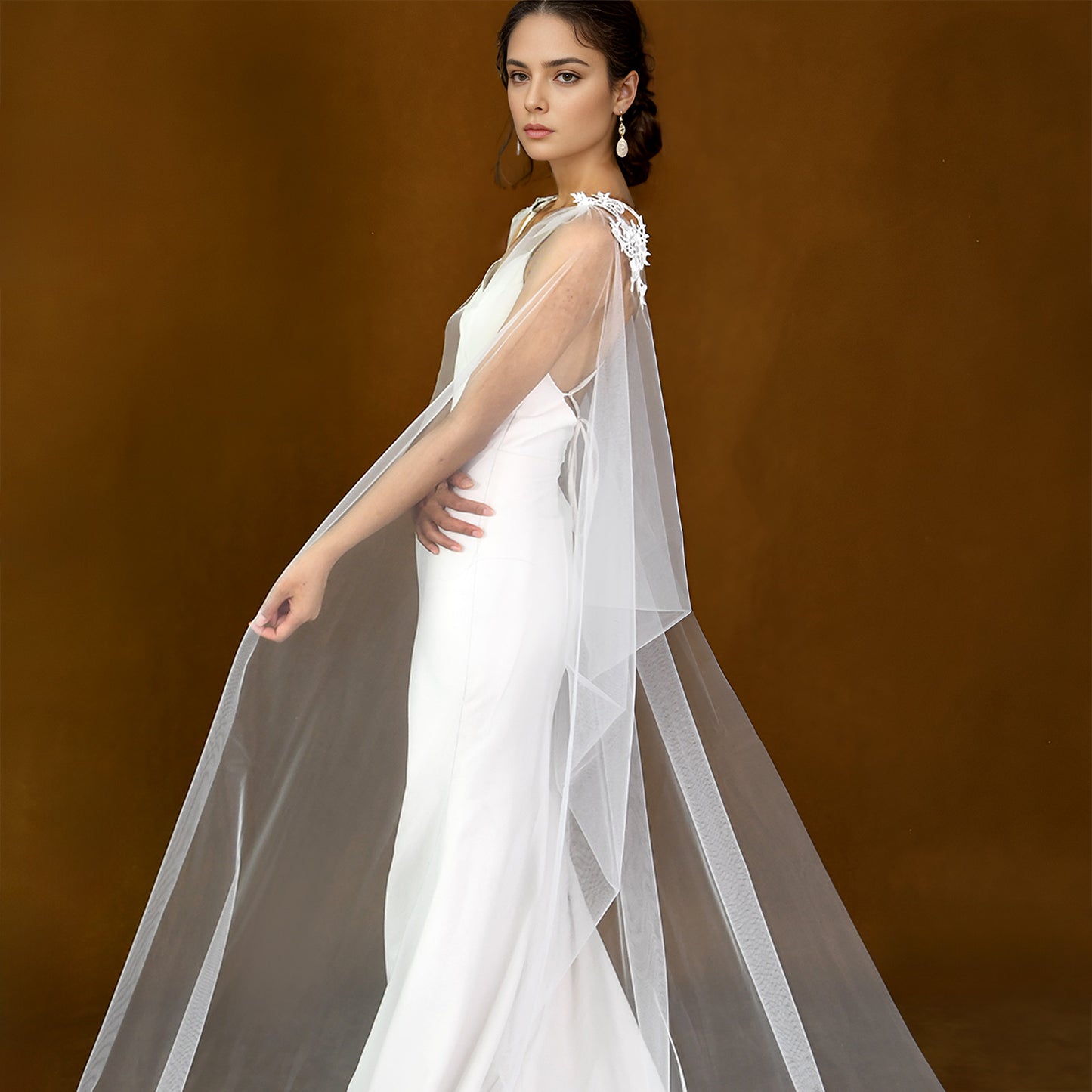 BRIDELLA BM25 Long Wedding Shawl With Lace Removable Bride Tulle Sleeves Cathedral Veil Cape Bride Dresses