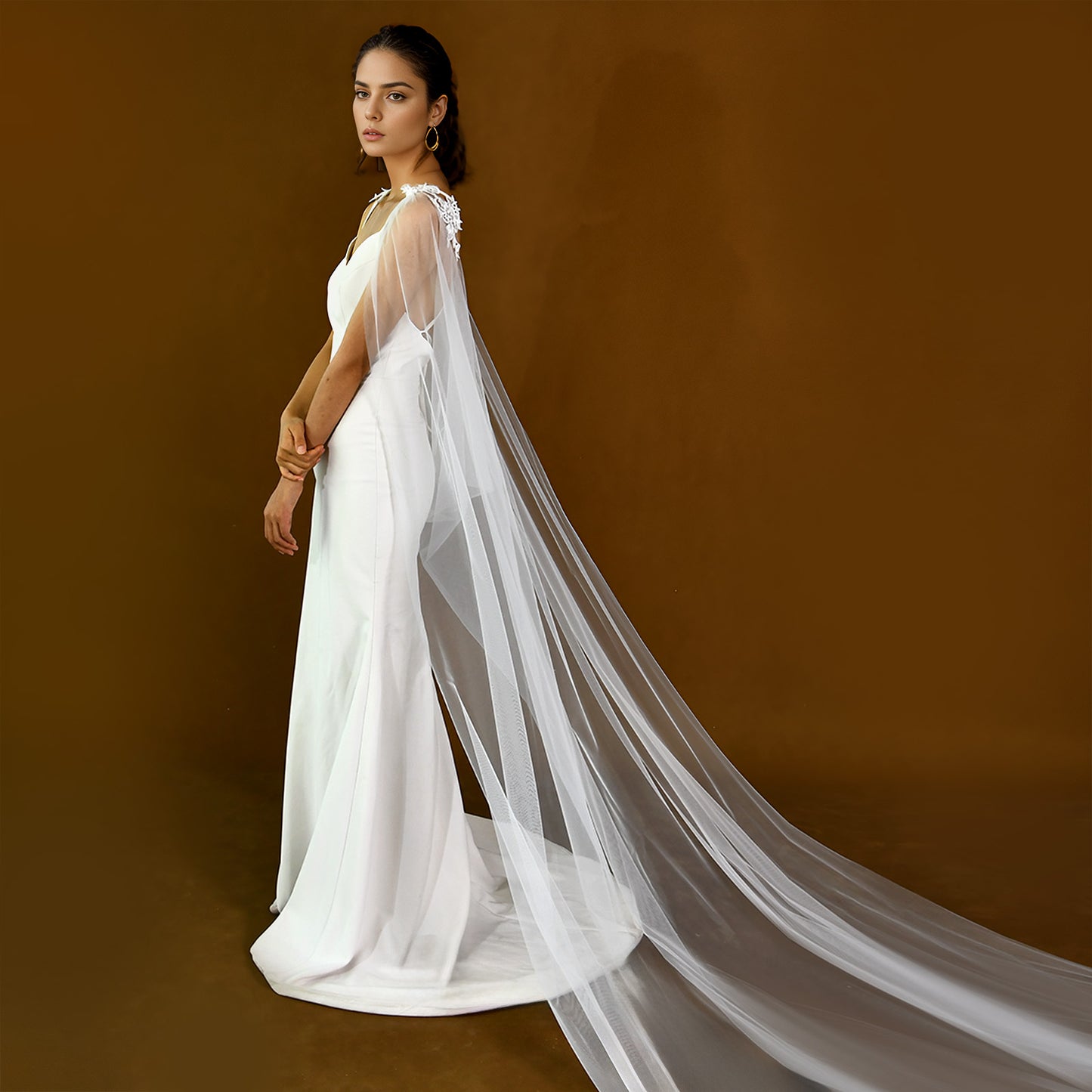 BRIDELLA BM25 Long Wedding Shawl With Lace Removable Bride Tulle Sleeves Cathedral Veil Cape Bride Dresses
