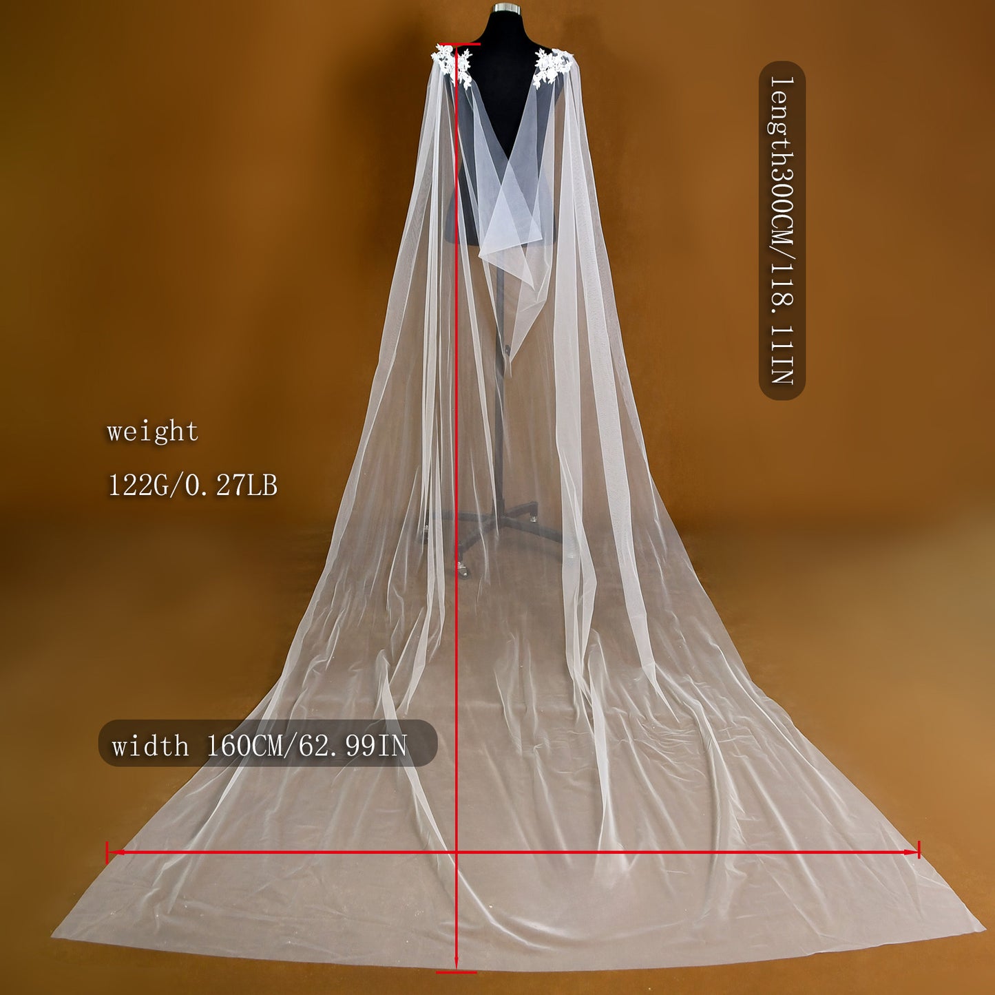 BRIDELLA BM25 Long Wedding Shawl With Lace Removable Bride Tulle Sleeves Cathedral Veil Cape Bride Dresses