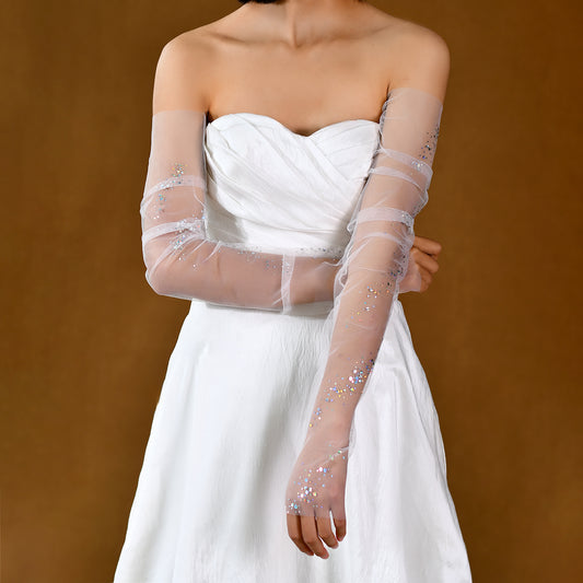 BRIDELLA BMM06 Sparkling Starlight Bridal Gloves Long Fingerless Soft chiffon Wedding Accessories Women Dress Festival Matching