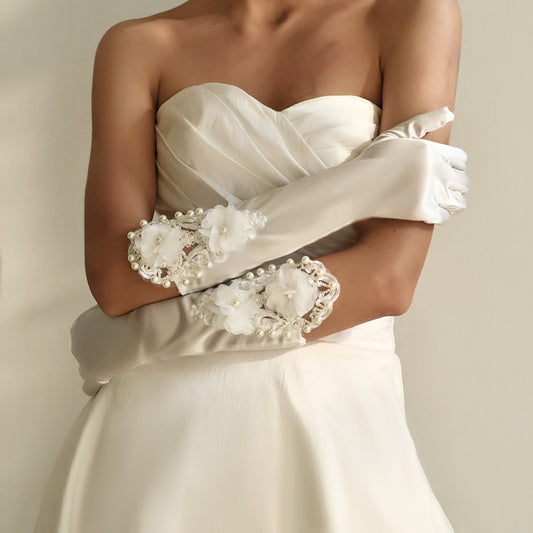 BRIDELLA BMM09 A Pair Of Long Finger White Embroidered Pearl Embellished Bridal Gloves Satin Wedding Accessories For Ladies