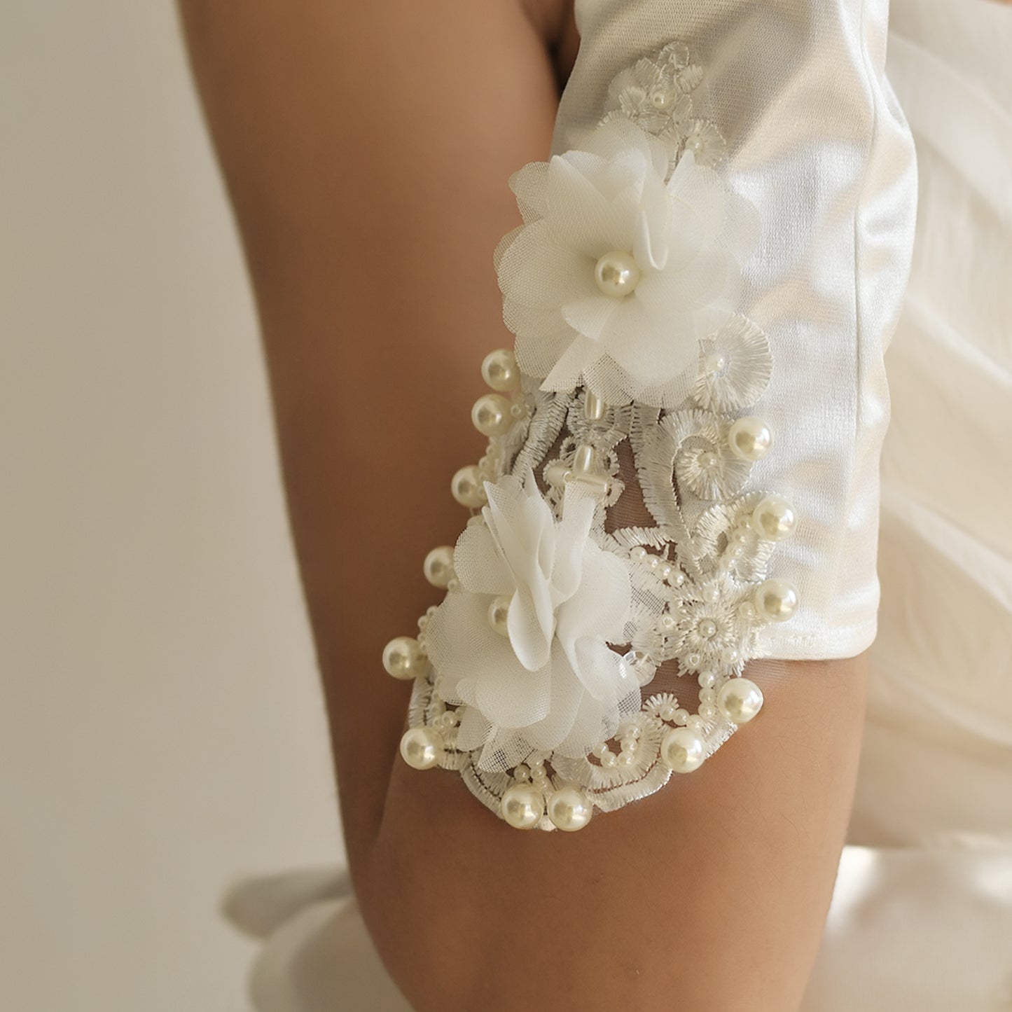 BRIDELLA BMM09 A Pair Of Long Finger White Embroidered Pearl Embellished Bridal Gloves Satin Wedding Accessories For Ladies