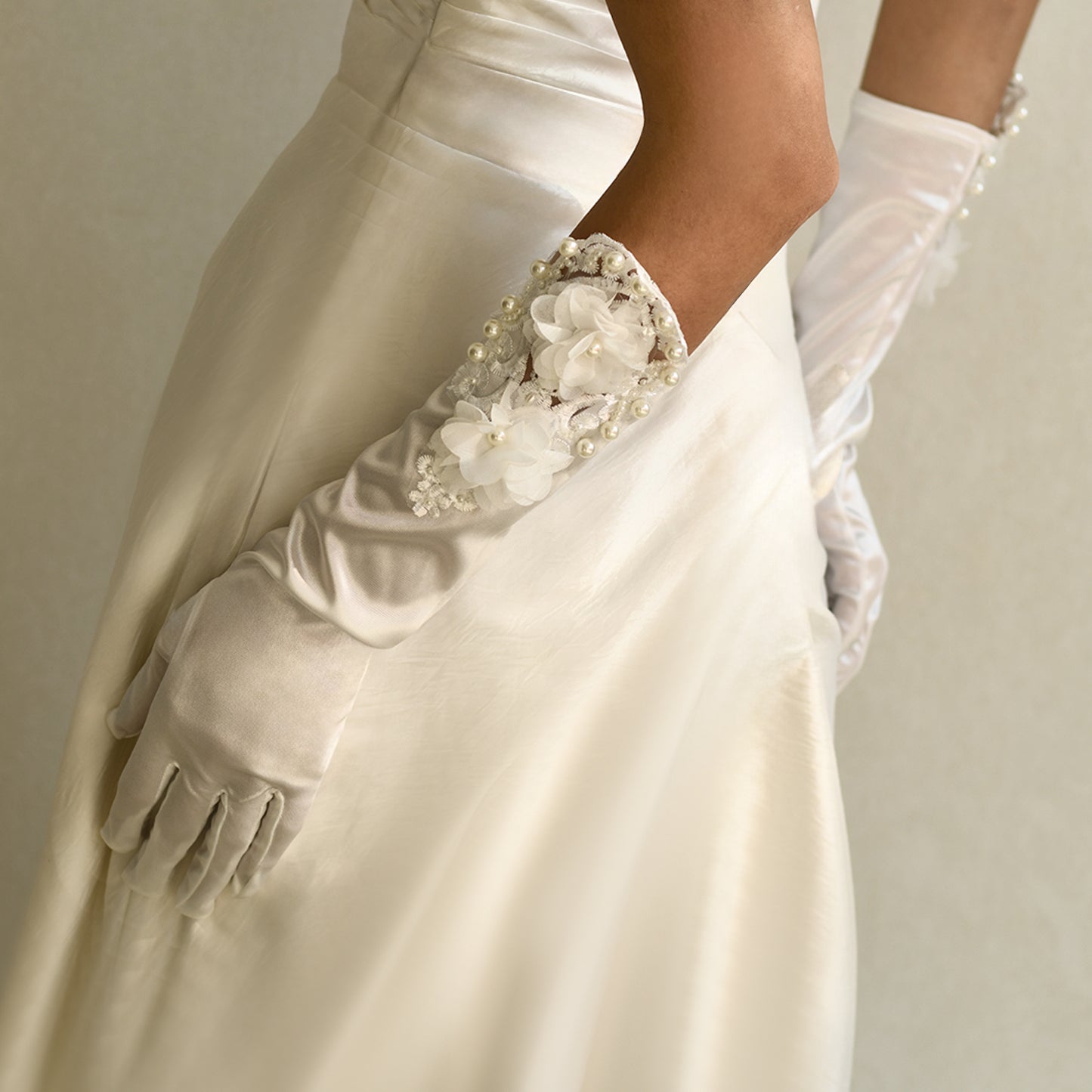 BRIDELLA BMM09 A Pair Of Long Finger White Embroidered Pearl Embellished Bridal Gloves Satin Wedding Accessories For Ladies