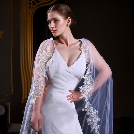 BRIDELLA BVG59 Women's Dress Shawl Hand Embroidered Pearl Tail Long Shawl Bridal Wedding Cape