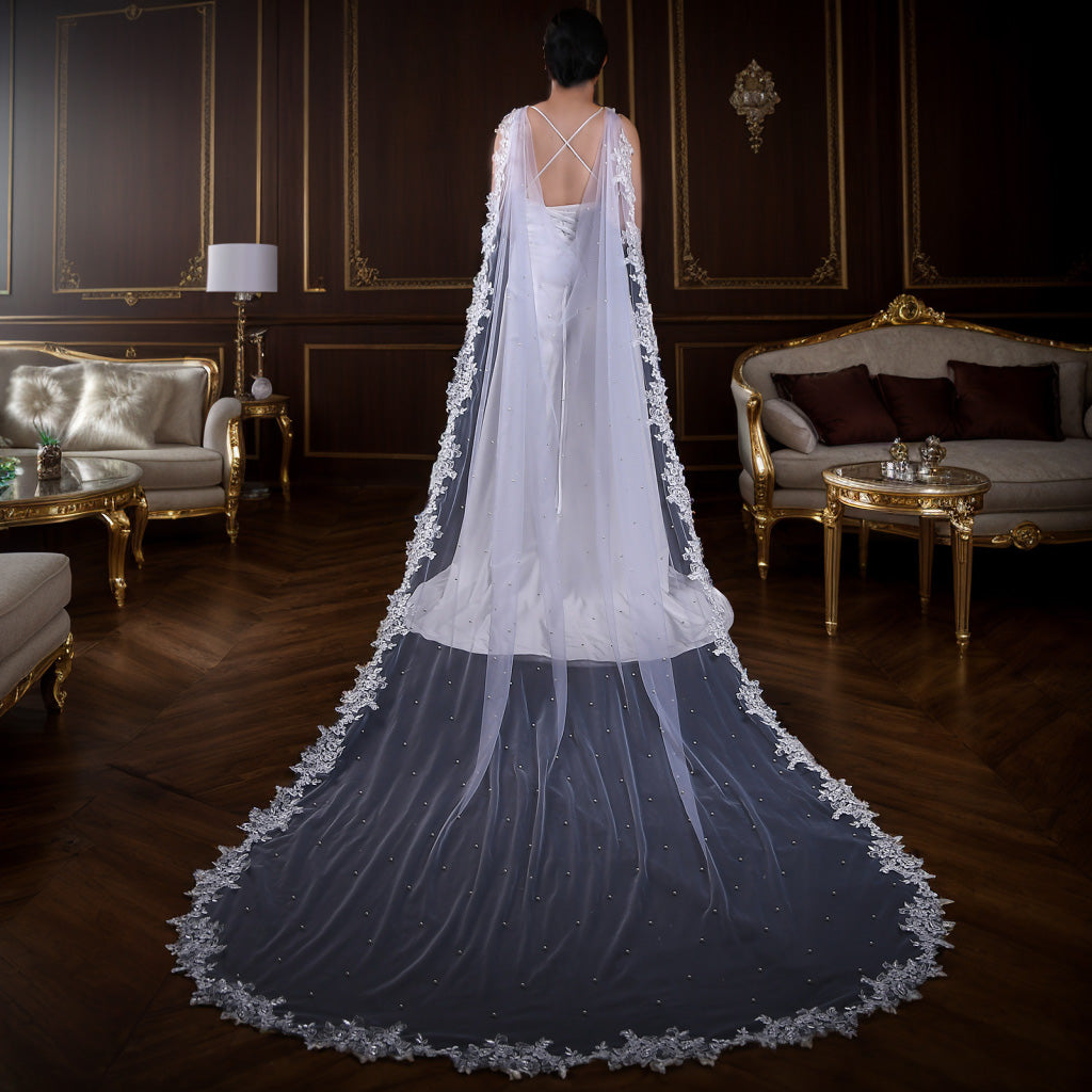 BRIDELLA BVG59 Women's Dress Shawl Hand Embroidered Pearl Tail Long Shawl Bridal Wedding Cape