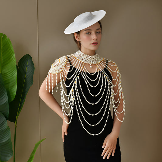 BRIDELLA BVG66 Bridal Short Tassel Shawl Imitation Pearl Handmade Beaded Women's Holiday Party Accessories