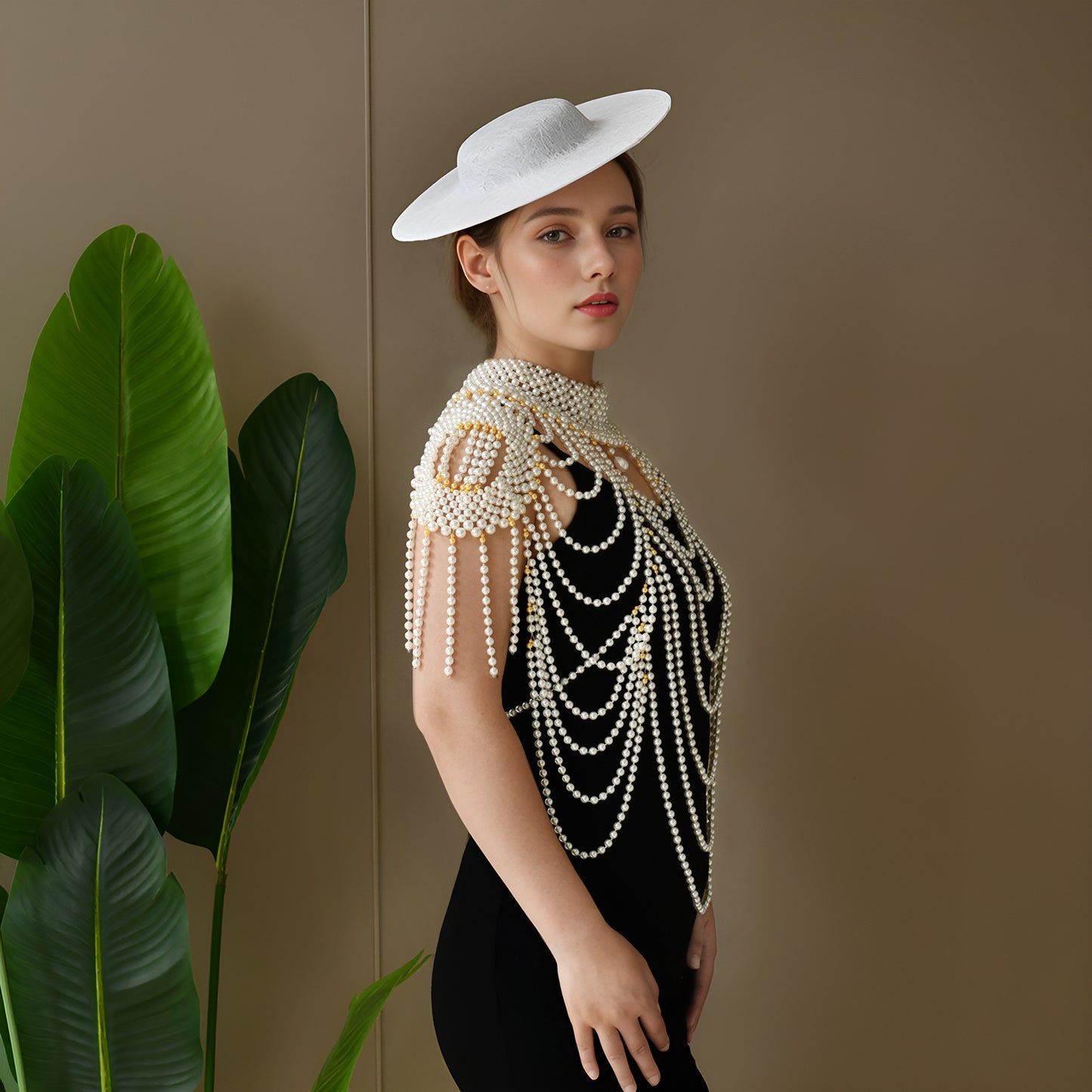 BRIDELLA BVG66 Bridal Short Tassel Shawl Imitation Pearl Handmade Beaded Women's Holiday Party Accessories