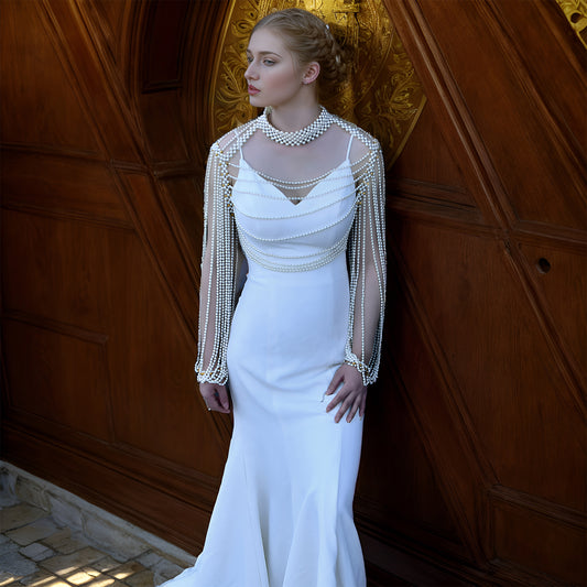 BRIDELLA BVG67 Pearl Beaded Bridal Cape With Detachable Sleeves For Weddings And Bachelorette Parties