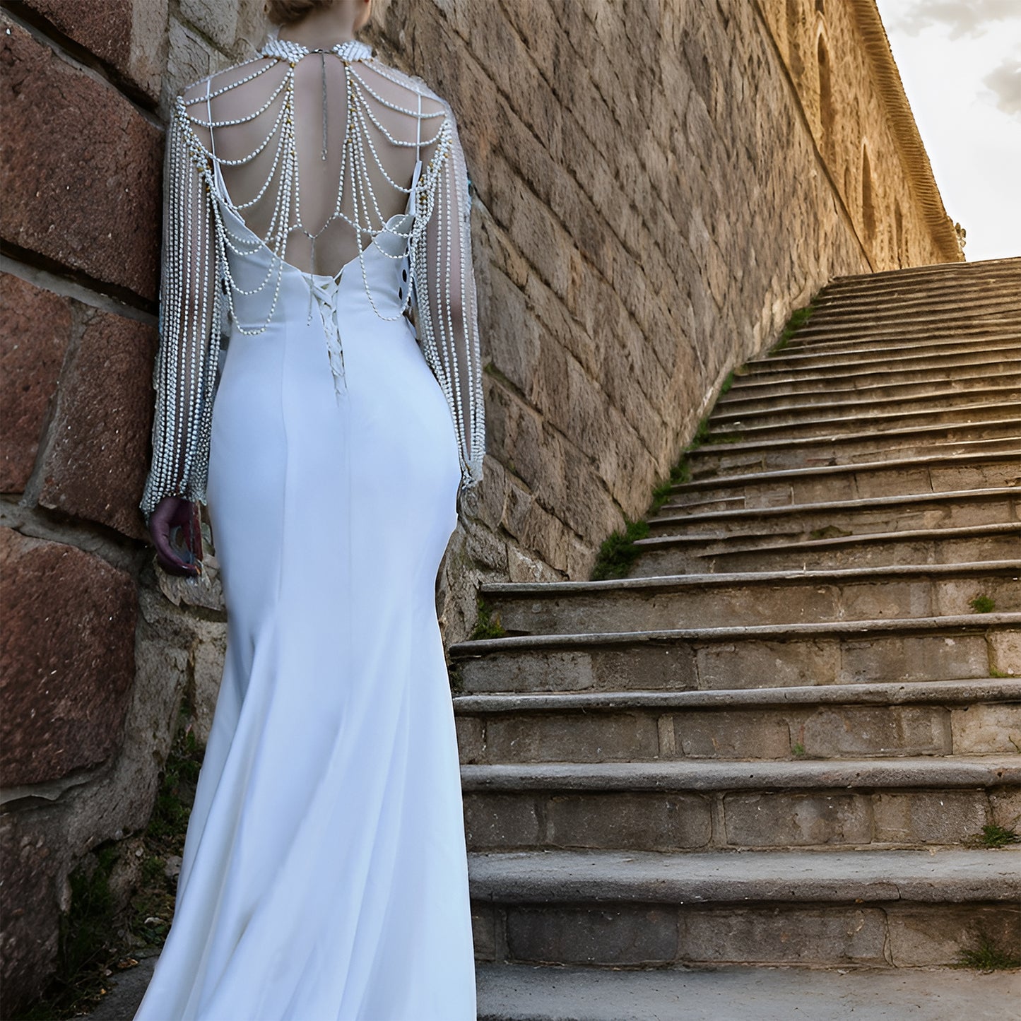 BRIDELLA BVG67 Pearl Beaded Bridal Cape With Detachable Sleeves For Weddings And Bachelorette Parties