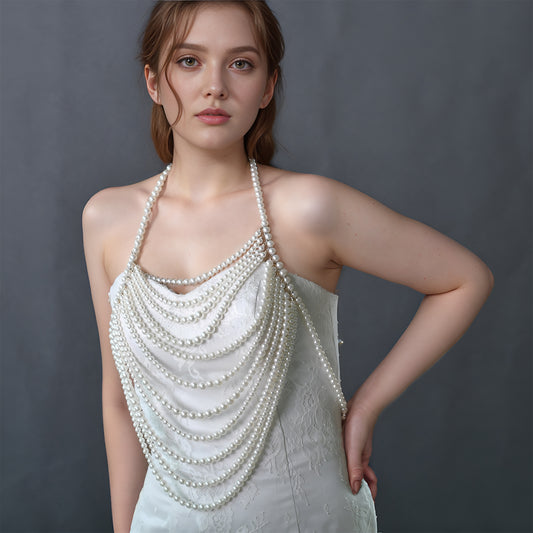 BRIDELLA BVG69 Fashion Pearl Beaded Wedding Shawl Women's Necklace Cropped Top Wedding DIY Jacket