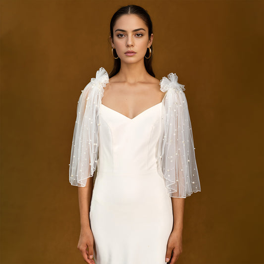BRIDELLA BMG27 1 Pair Of Short Bridal Capes With Imitation Pearls And False Sleeves To Cover The Arms, Suitable For All Kinds Of Dresses