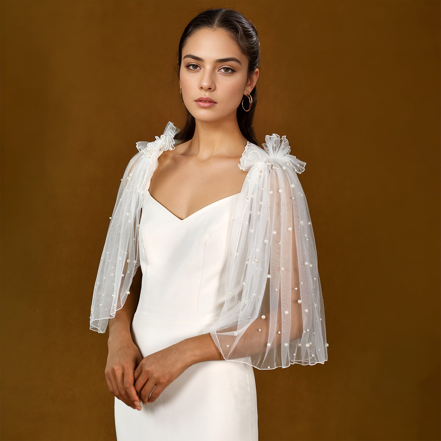 BRIDELLA BMG27 1 Pair Of Short Bridal Capes With Imitation Pearls And False Sleeves To Cover The Arms, Suitable For All Kinds Of Dresses