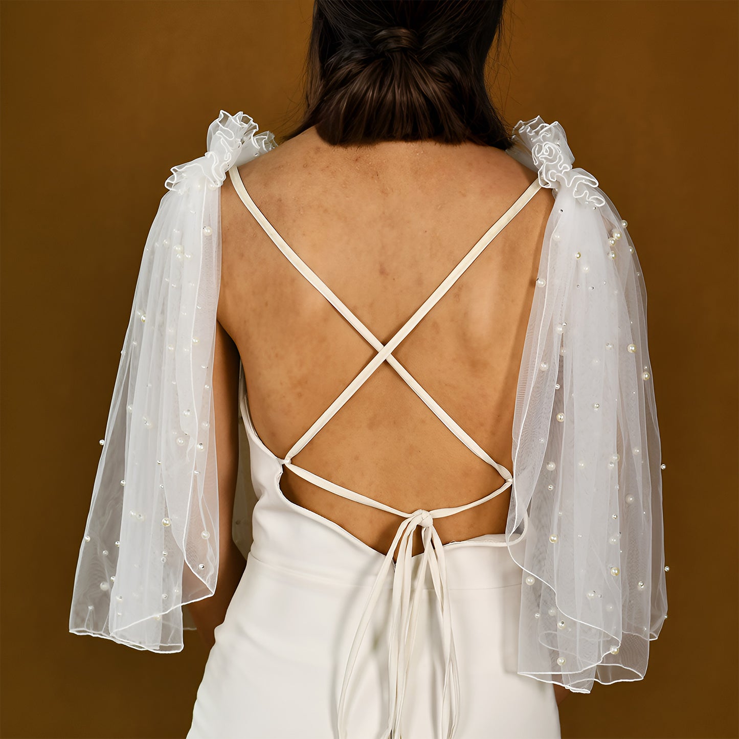 BRIDELLA BMG27 1 Pair Of Short Bridal Capes With Imitation Pearls And False Sleeves To Cover The Arms, Suitable For All Kinds Of Dresses