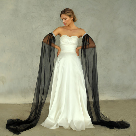 BRIDELLA BMM04 1 Pair Long Bridal Sleeve Sequin Edge Bridal Gloves Soft Tulle Wedding Sleeves Long Trailing Ladies Fashion Glove Sleeves For Wedding Party Catwalk Exaggerated Personality Show Props