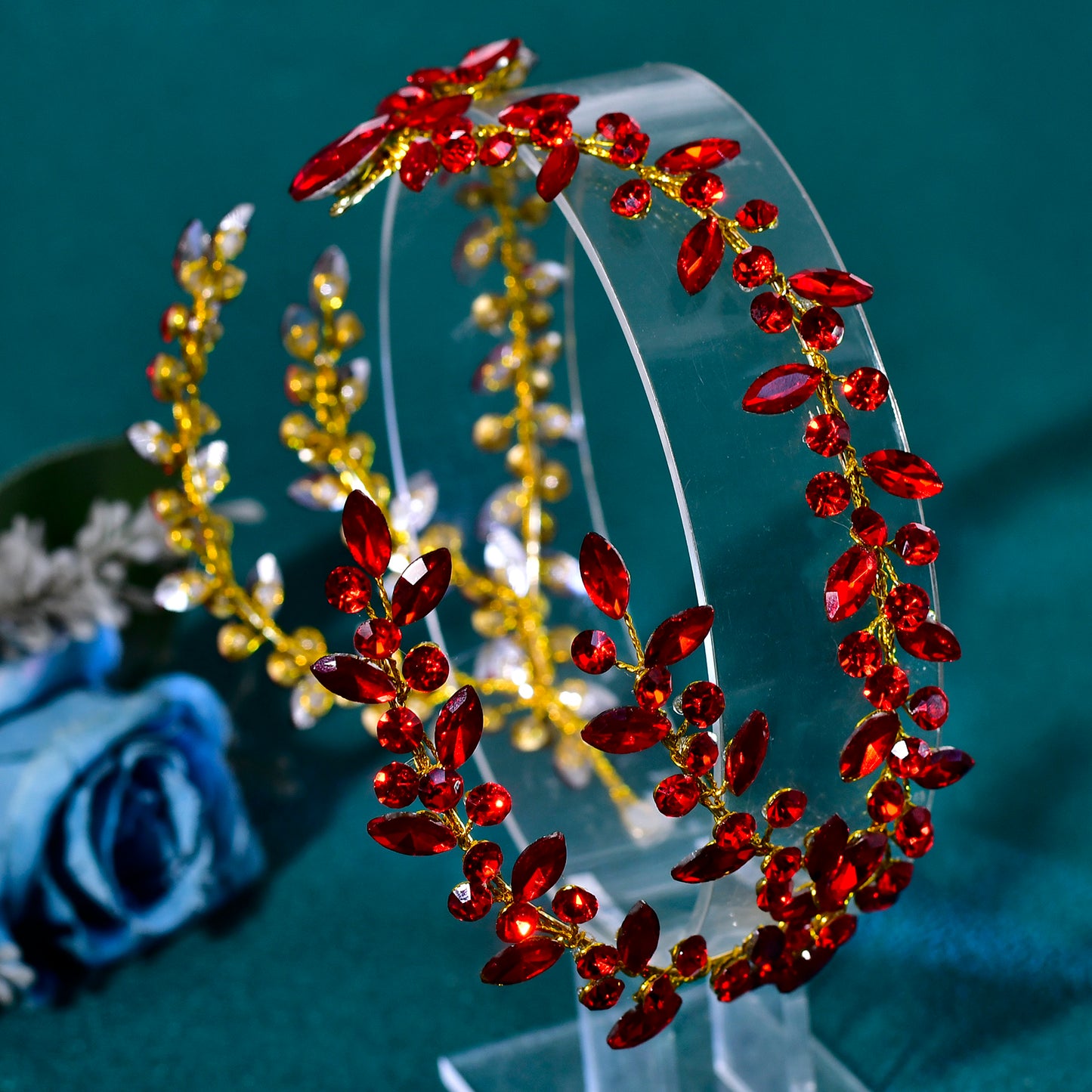 BRIDELLA BHP599 Red Bride Forehead Headband Sparkling Rhinestone Headpieces For Wedding Women Prom Party Head Jewelry Accessories