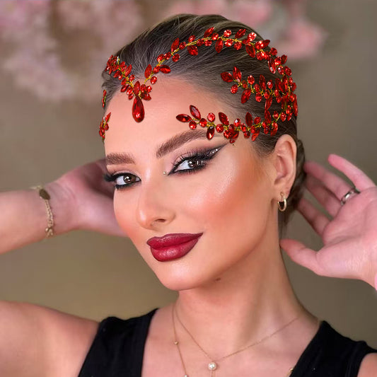 BRIDELLA BHP599 Red Bride Forehead Headband Sparkling Rhinestone Headpieces For Wedding Women Prom Party Head Jewelry Accessories