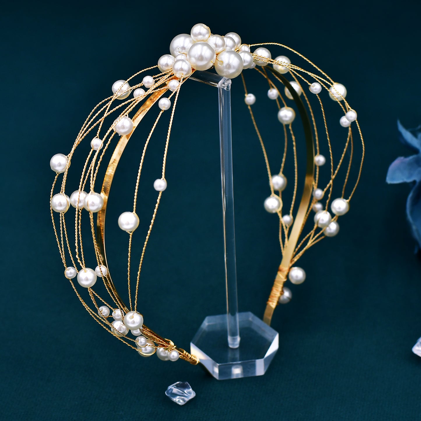 BRIDELLA BHP609 Bride Pearl Gold Color Head Hoop Wedding Headpiece Hair Accessories Princess Party Headband Handmade Hair Jewelry