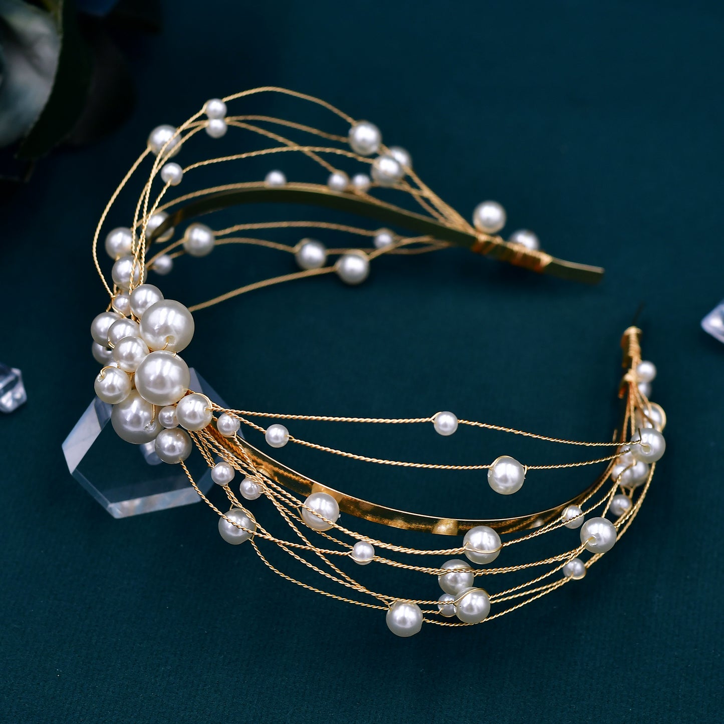 BRIDELLA BHP609 Bride Pearl Gold Color Head Hoop Wedding Headpiece Hair Accessories Princess Party Headband Handmade Hair Jewelry
