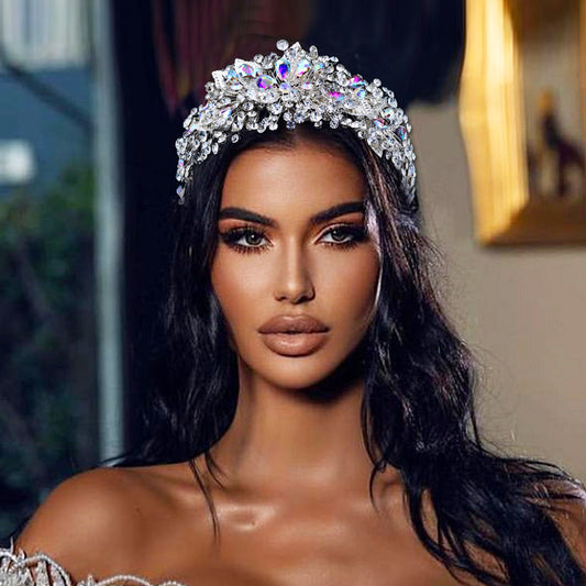 BRIDELLA BHP633 Sparkling Rhinestone Wedding Hair Hoops Colorful Gemstone Woman Party Headband Handmade Alloy Leaves Headwear