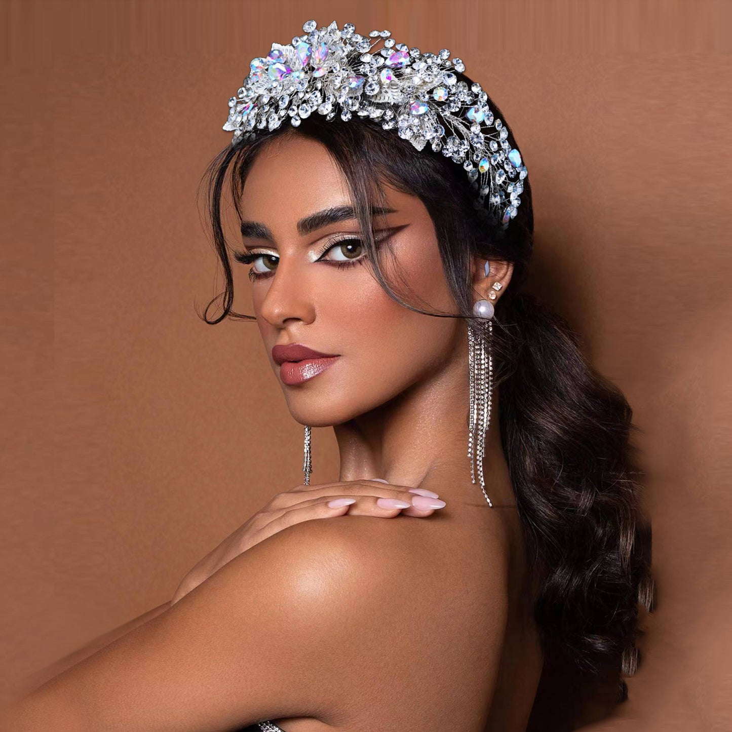 BRIDELLA BHP633 Sparkling Rhinestone Wedding Hair Hoops Colorful Gemstone Woman Party Headband Handmade Alloy Leaves Headwear