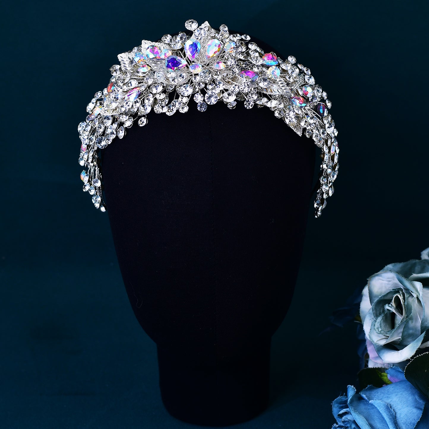 BRIDELLA BHP633 Sparkling Rhinestone Wedding Hair Hoops Colorful Gemstone Woman Party Headband Handmade Alloy Leaves Headwear