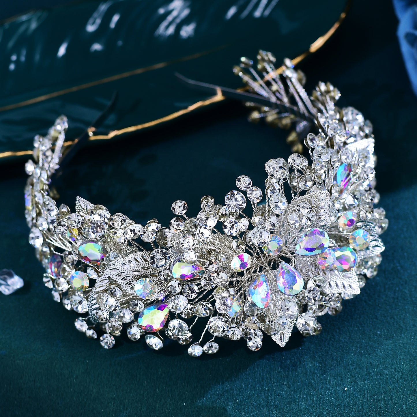 BRIDELLA BHP633 Sparkling Rhinestone Wedding Hair Hoops Colorful Gemstone Woman Party Headband Handmade Alloy Leaves Headwear