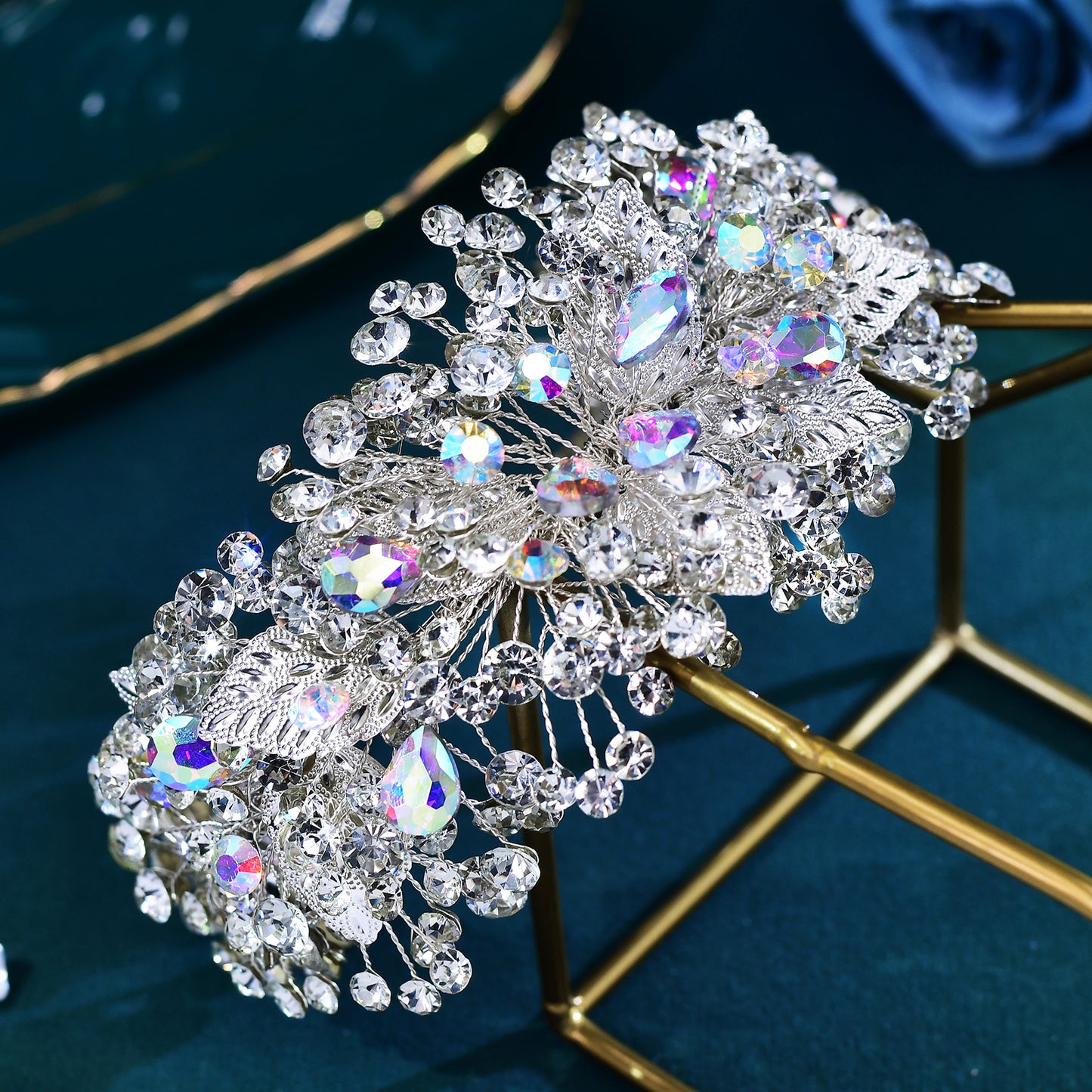BRIDELLA BHP633 Sparkling Rhinestone Wedding Hair Hoops Colorful Gemstone Woman Party Headband Handmade Alloy Leaves Headwear