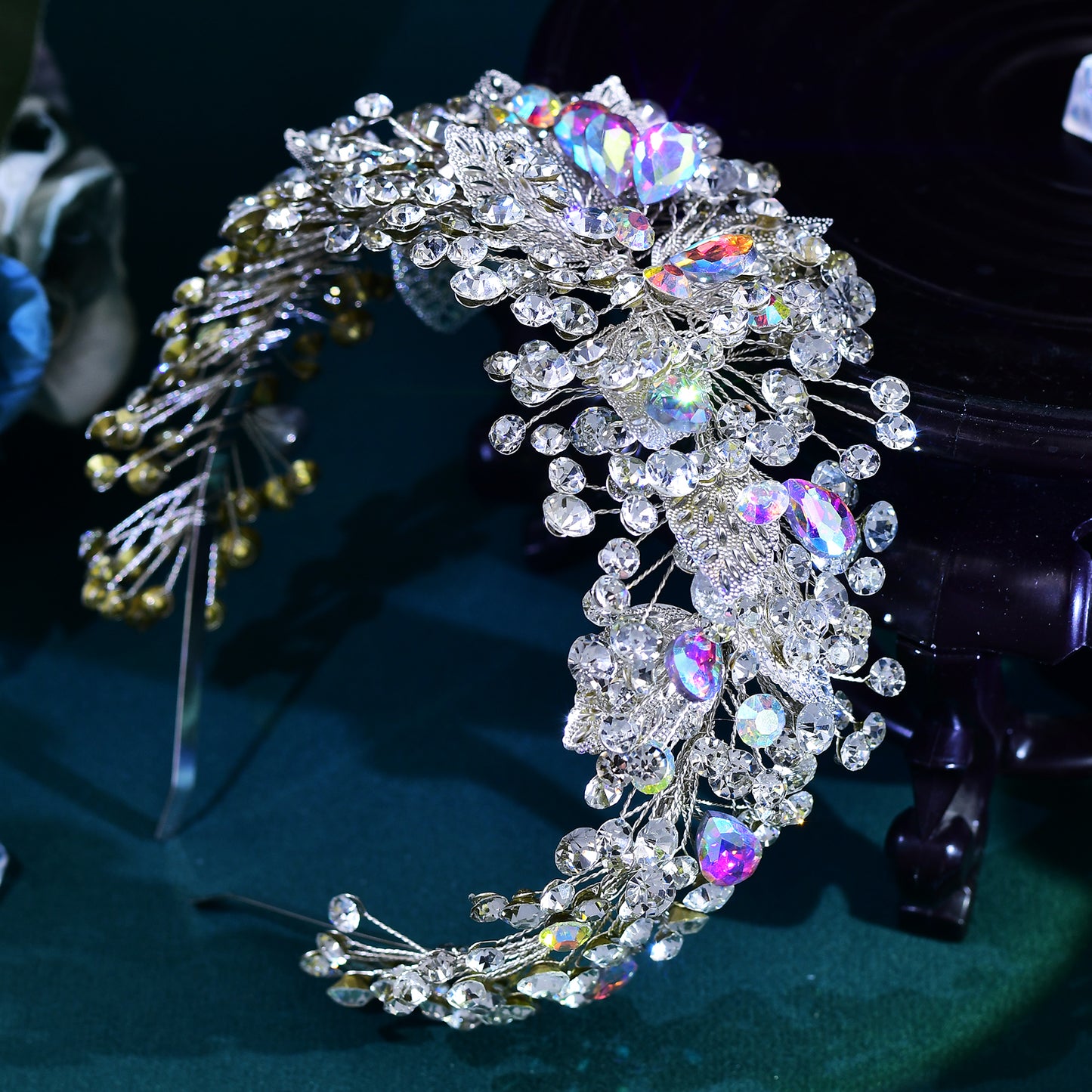 BRIDELLA BHP633 Sparkling Rhinestone Wedding Hair Hoops Colorful Gemstone Woman Party Headband Handmade Alloy Leaves Headwear