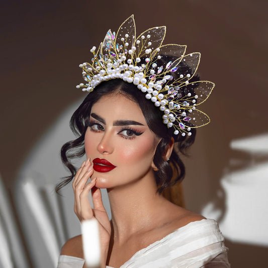 BRIDELLA BHP670 Handmade Gold Color Leaf And Pearl Crown Headband Wedding Crown for Bride Hair Accessories Bridesmaid Party Tiara