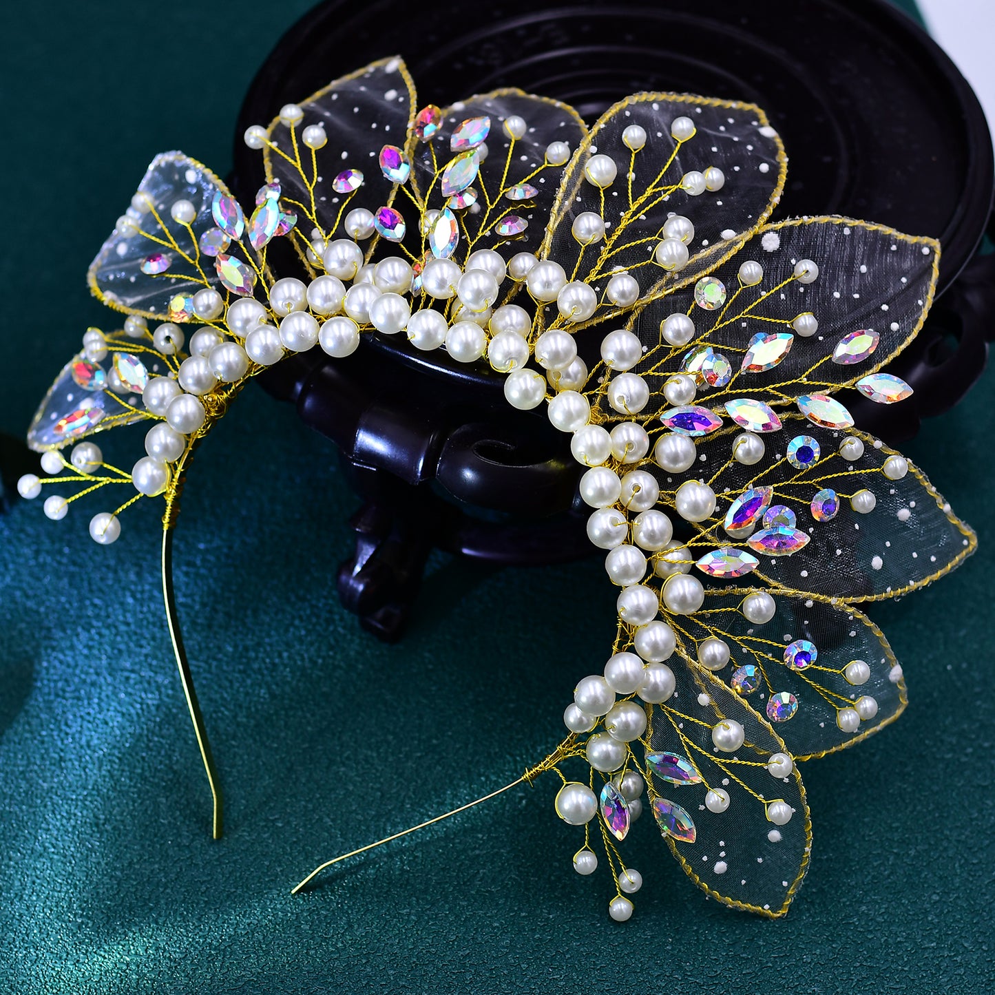BRIDELLA BHP670 Handmade Gold Color Leaf And Pearl Crown Headband Wedding Crown for Bride Hair Accessories Bridesmaid Party Tiara