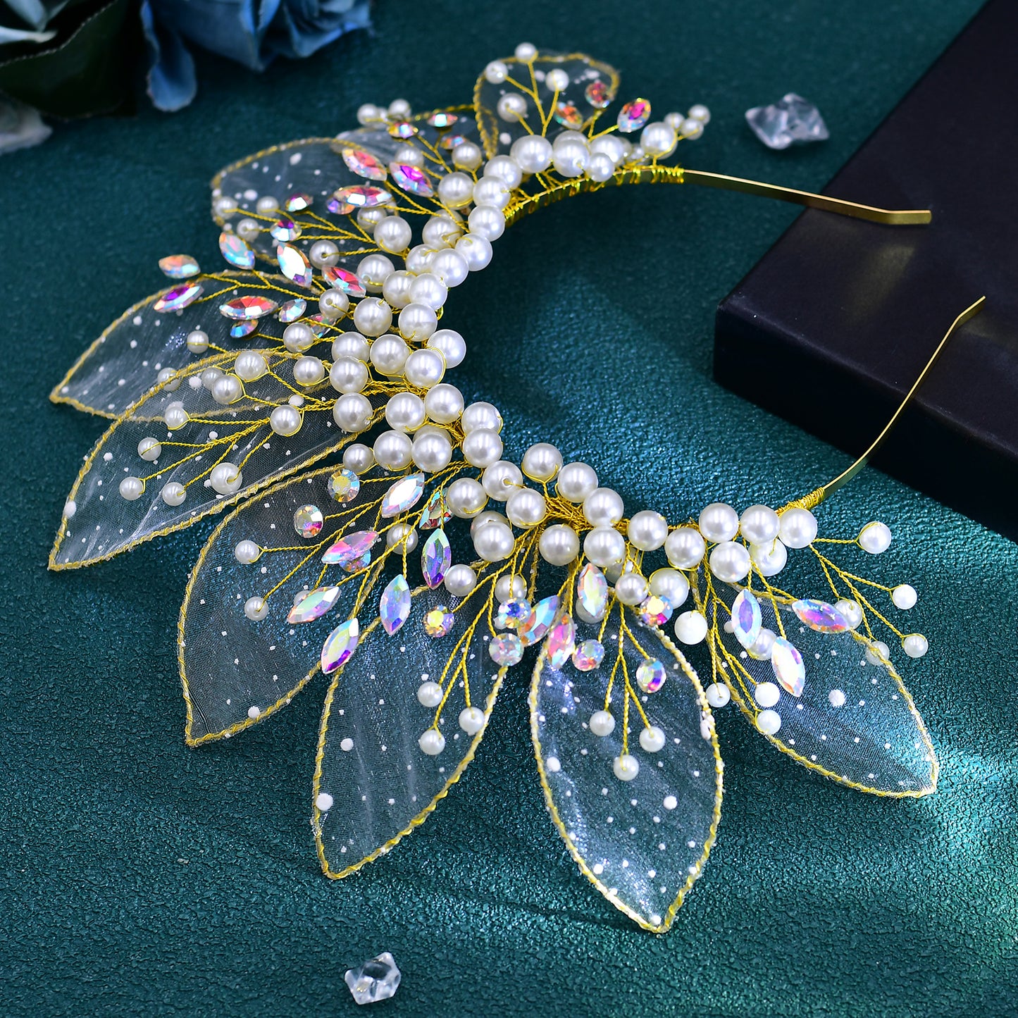 BRIDELLA BHP670 Handmade Gold Color Leaf And Pearl Crown Headband Wedding Crown for Bride Hair Accessories Bridesmaid Party Tiara