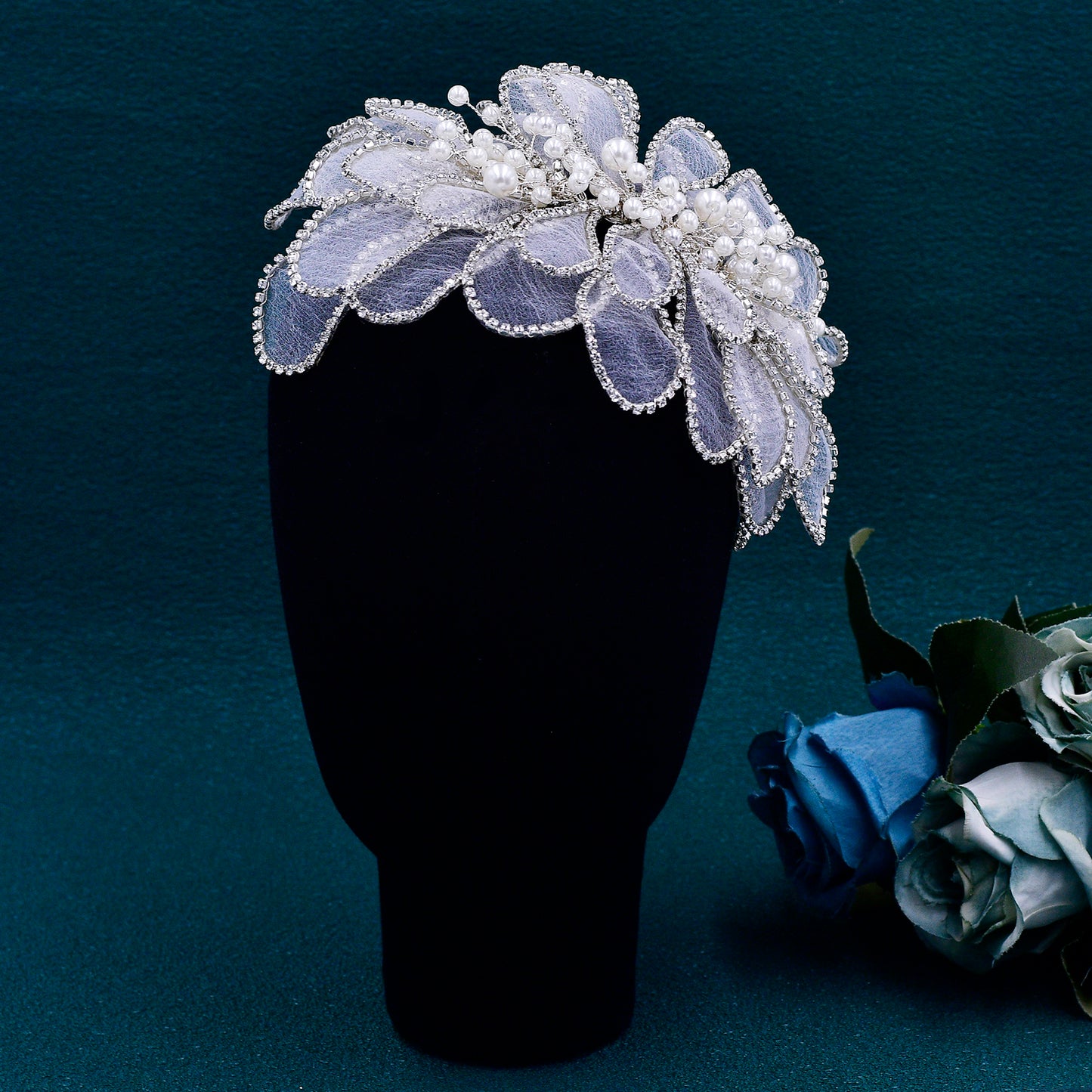 BRIDELLA BHP681 Handmade Mesh Flower Headband Women Silvery Color Pearl Headwear Hair Accessories Rhinestone Wedding Headdress