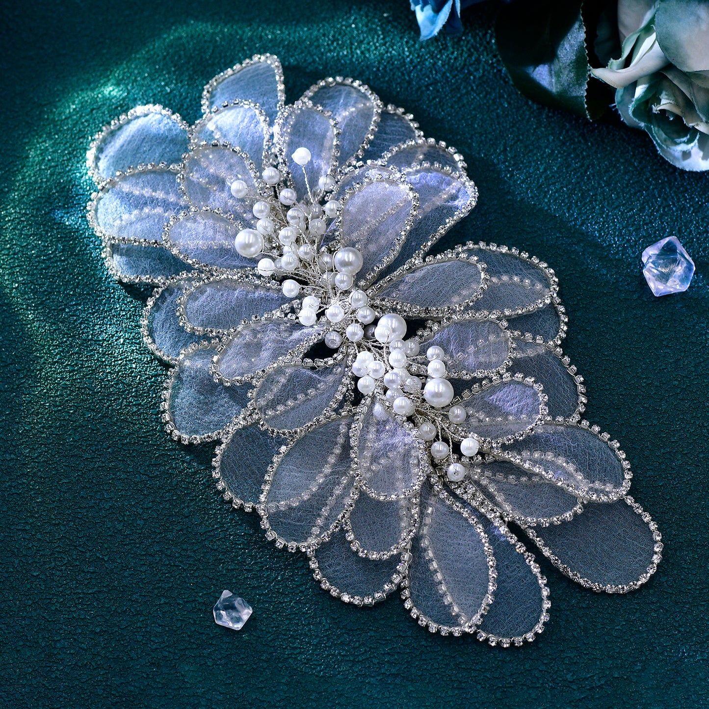BRIDELLA BHP681 Handmade Mesh Flower Headband Women Silvery Color Pearl Headwear Hair Accessories Rhinestone Wedding Headdress