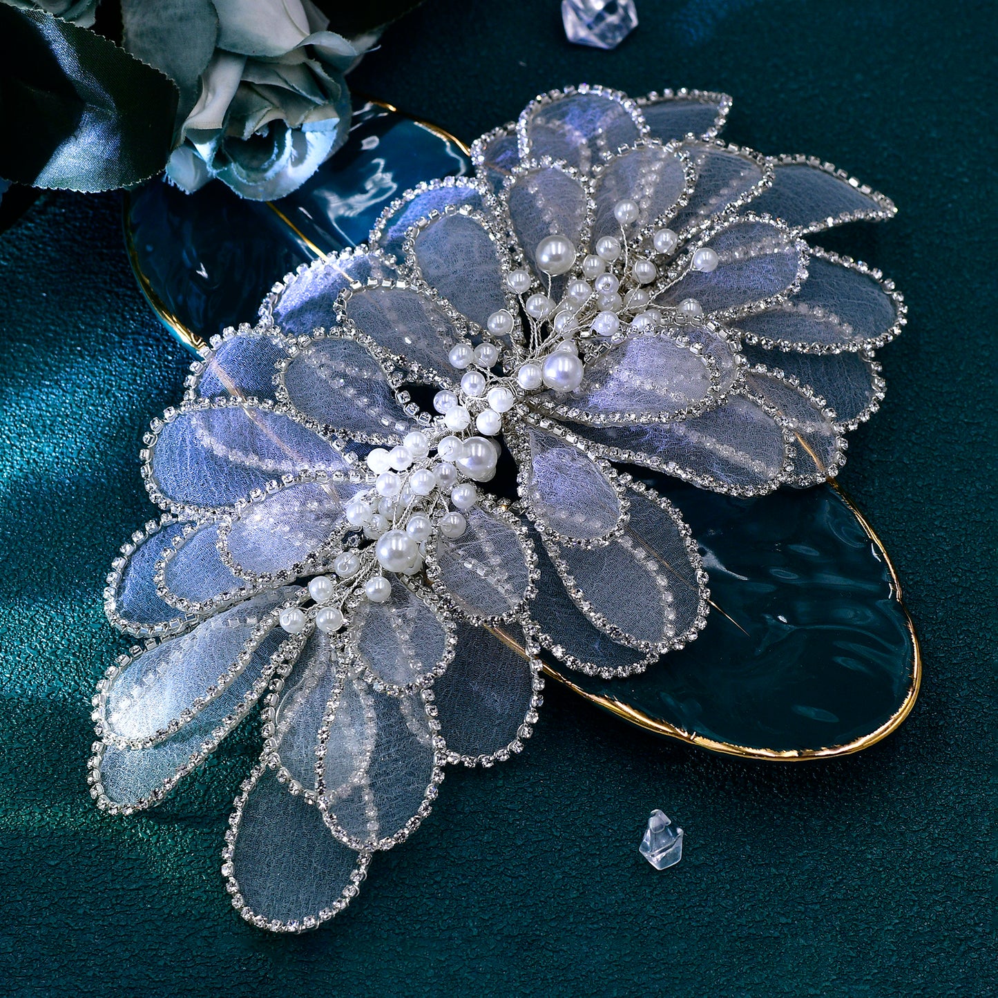 BRIDELLA BHP681 Handmade Mesh Flower Headband Women Silvery Color Pearl Headwear Hair Accessories Rhinestone Wedding Headdress