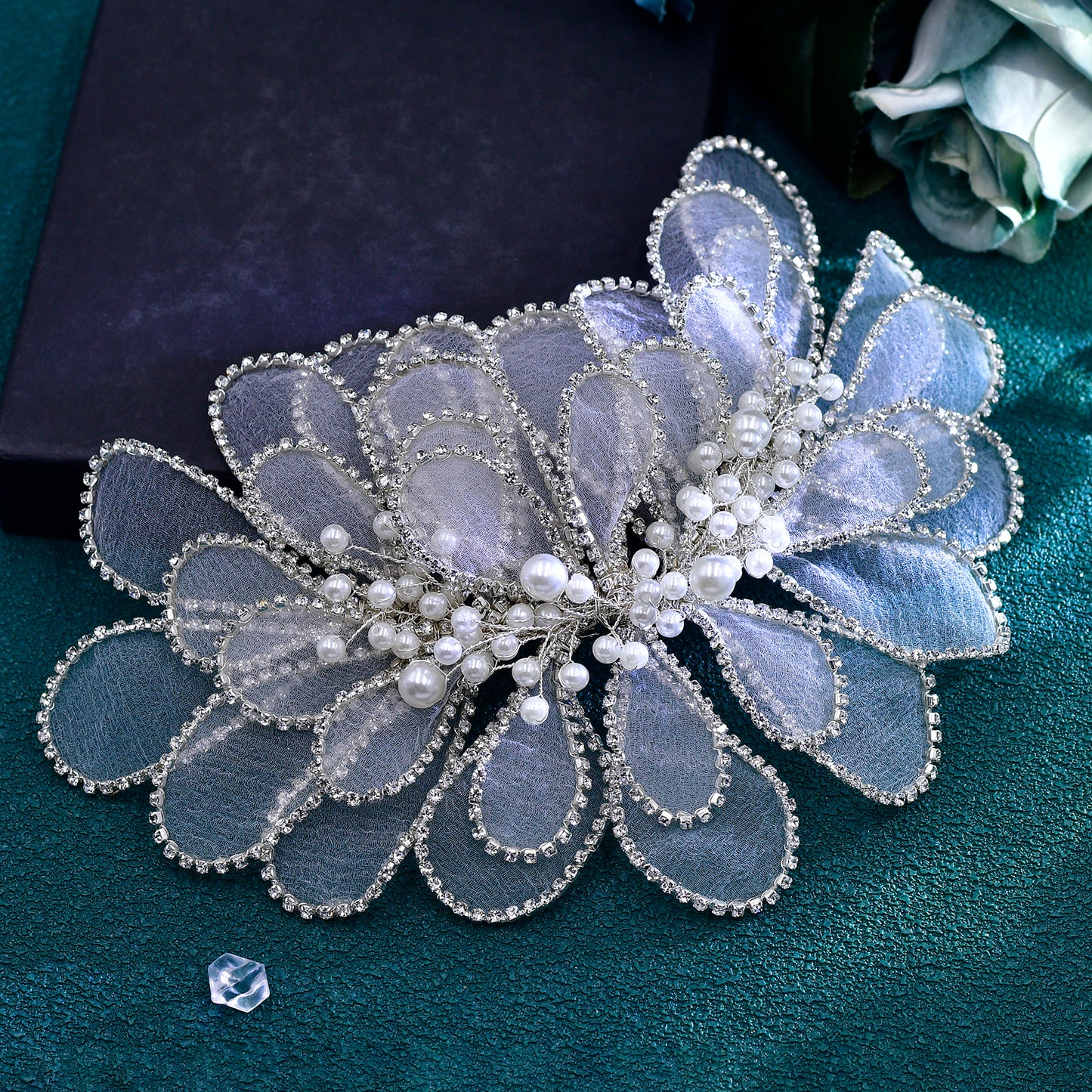 BRIDELLA BHP681 Handmade Mesh Flower Headband Women Silvery Color Pearl Headwear Hair Accessories Rhinestone Wedding Headdress